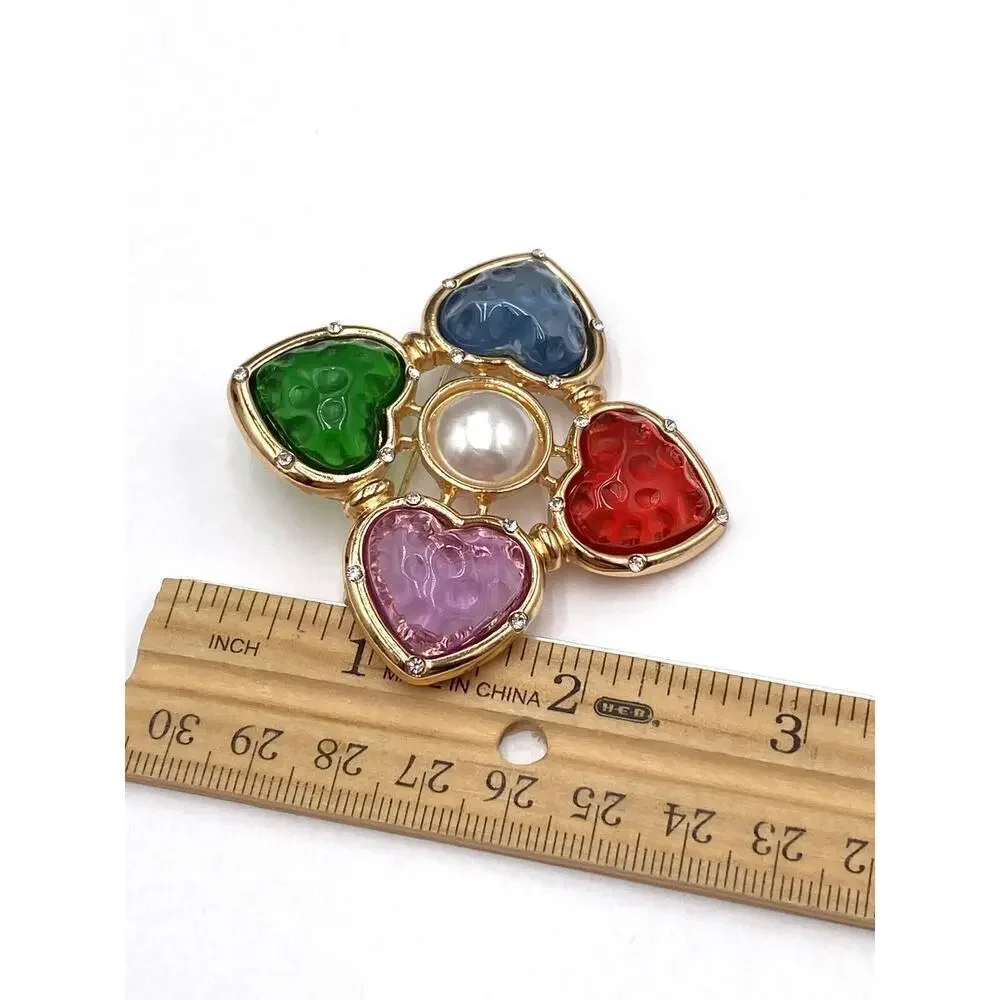 Brooch Pin Four Leaf Hearts Acrylic Colorful Faux Pearl Gold Tone